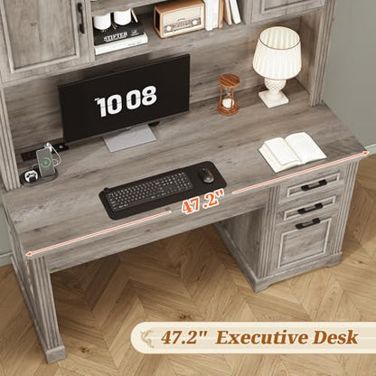 Office Desk with 3 Drawers, 47.2" Executive Computer Desk with Storage Drawers and Hutch Cabinet, Wood Farmhouse Desk with Power Outlet for Home Office, Grey