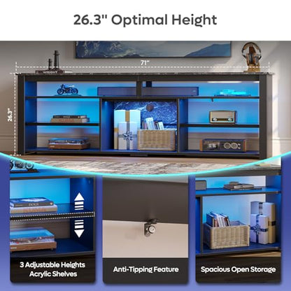 Tall TV Cabinet with LED & Storage, 80", Black Marble Gaming Stand