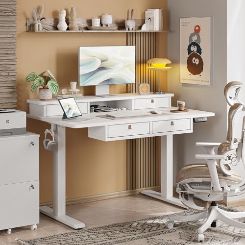 TIQLAB 48 * 28 Inch Standing Desk with Four Drawers, Electric Sit Stand Table, Stand Up Desk Adjustable Height with Storage Shelf, Splice Board, White