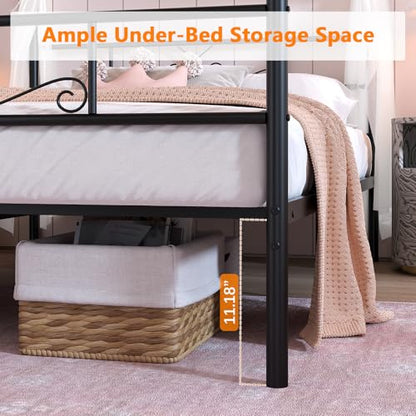 Full Metal Canopy Platform Bed Frame with Headboard, Black