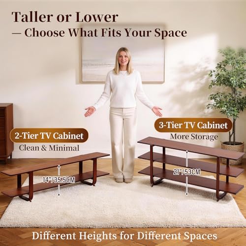 Walnut TV Stand for 65-Inch TVs, 2 Open Shelves, Modern Media Console
