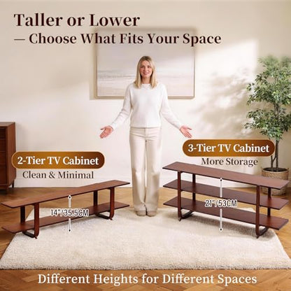 Walnut TV Stand for 65-Inch TVs, 2 Open Shelves, Modern Media Console