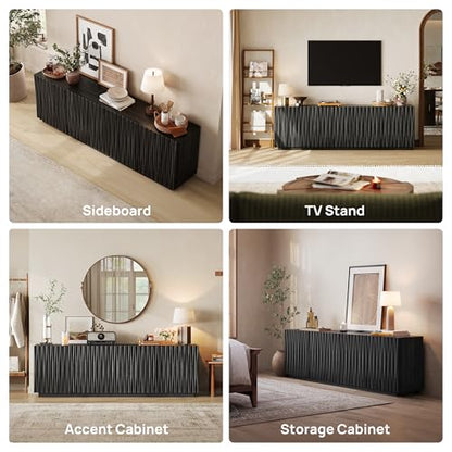 70" Fluted Mid Century Modern Sideboard Buffet Cabinet with Storage, Black