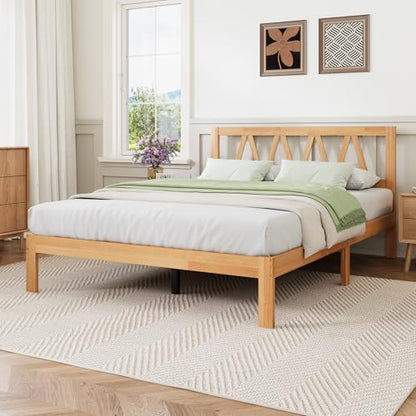 12 Inch Full Size Bed Frame Full Bed Frames with Headboard Solid Wooden BedFrame Foundation, No Box Spring Needed, Easy Assembly, Natural Grain Wood