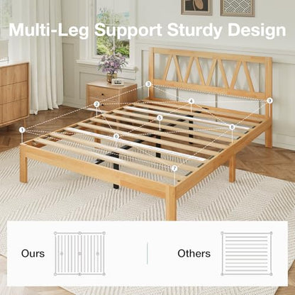 12 Inch Full Size Bed Frame Full Bed Frames with Headboard Solid Wooden BedFrame Foundation, No Box Spring Needed, Easy Assembly, Natural Grain Wood
