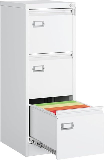MIIIKO 3 Drawer File Cabinet, White Vertical Filing Cabinets with Lock, Home Office File Folders Storage Cabinet for Letter Legal A4 File Size