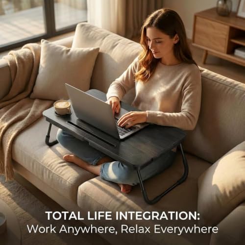 23.4" Foldable Lap Desk Bed Table with Cup Holder Tray Charcoal