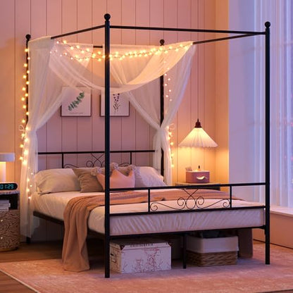 Full Metal Canopy Platform Bed Frame with Headboard, Black