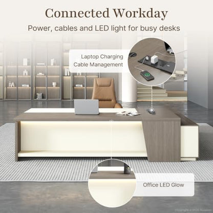 79" Executive L-Shaped Desk, 2" Top, LED, Power, Left Return