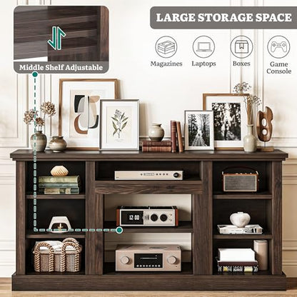 Farmhouse TV Stand with Adjustable Shelves & Open Storage, Walnut