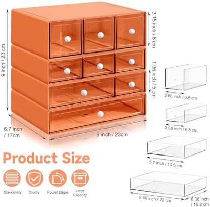 Desk Organizer with 9 Drawers, 4 Tiers Stackable Storage Drawers, Desktop Storage Box with Clear Drawers for Stationery, Makeup, Jewelry, Office and Craft Supplies (Orange)