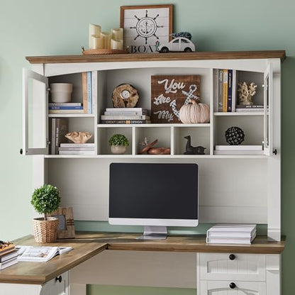 60" L Shaped Farmhouse Executive Desk with Hutch, Antique White