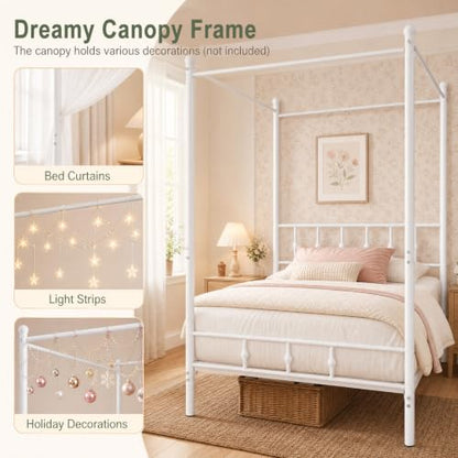 Twin Canopy Bed Frame with Headboard and Footboard (White)