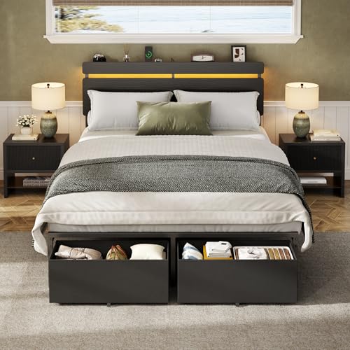 Full Size Bed Frame with Wood Headboard,2 Storage Drawers & Shelf