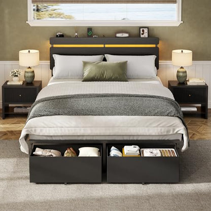 Full Size Bed Frame with Wood Headboard,2 Storage Drawers & Shelf