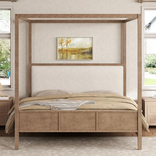 King Size Canopy Bed with Linen Headboard and 4-Poster, Walnut