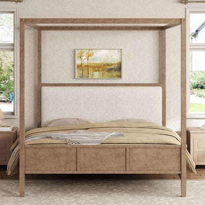 King Size Canopy Bed with Linen Headboard and 4-Poster, Walnut