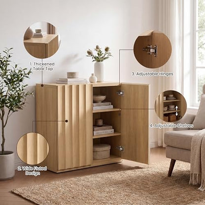 Sideboard Cabinet, 94.11" Buffet Fluted Cabinet, Light Oak