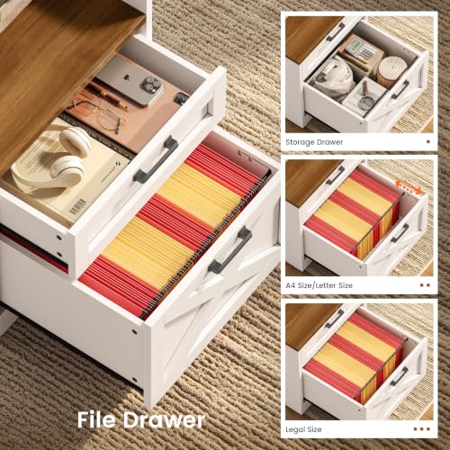 63" Farmhouse Office Desk with 5 Drawers, White and Brown