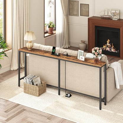 70.9" Console Table with Power Outlet, Narrow Sofa Table, Brown