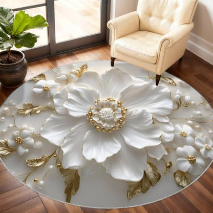Floral Round Area Rug - 5ft Relief Floral Round Rug for Living Room, Modern Luxury Circle Rugs Washable Soft Non-Slip Carpet for Bathroom Bedside Sofa Coffee Table Decor Mat