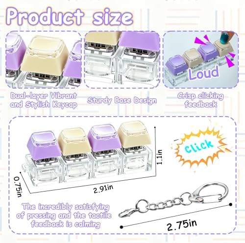 2 PCS Keyboard Fidget Toy, Double Layer Keycap Keyboard Fidget Keychain 4-in-1 Keyboard Decompression Button Finger Clicker Toys, Portable Tactile Button Sensory Toys Stress Relief Gifts(PurpleYellow