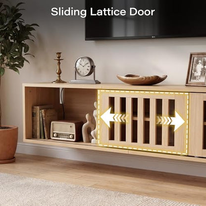 58" Floating TV Stand Wall Mounted with Power Outlet, Natural