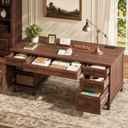 60" Farmhouse Executive Desk with File Drawers, Rustic Brown