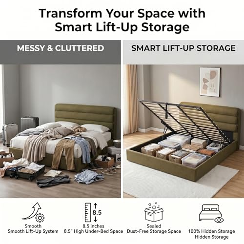 King Size Lift Up Storage Bed, Linen Upholstered Platform Bed, Green