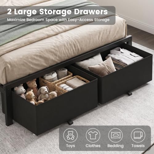 Full Size Bed Frame with Upholstered Headboard and 2 Storage Drawers