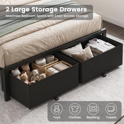Full Size Bed Frame with Upholstered Headboard and 2 Storage Drawers