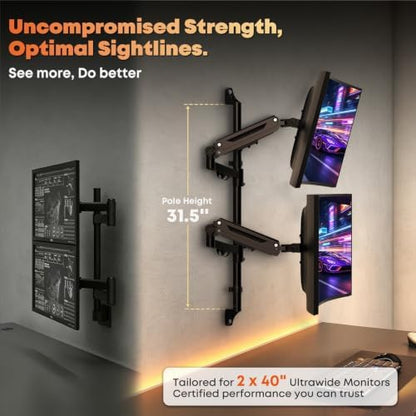 17-40" Dual Monitor Wall Mount, Gas Spring Arms Hold 26.4 lbs Each, Black