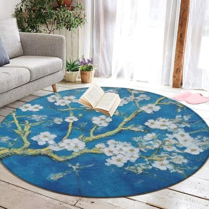 Machine Washable Modern Round Area Rug, Room Sofa Yoga Soft Round Carpet, Home Decor Non Slip Kitchen Office Circle Rug Beautiful Apricot Flower Blossom Art, 36inch