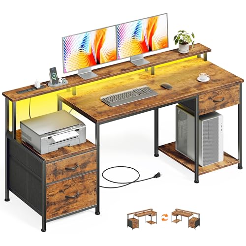 55" Computer Desk with File Drawer, Printer Space, Rustic Brown