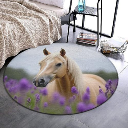 Fashion Round Area Rug Large Non Slip Carpet, Lavender Horse Unisex Home Decor Mat