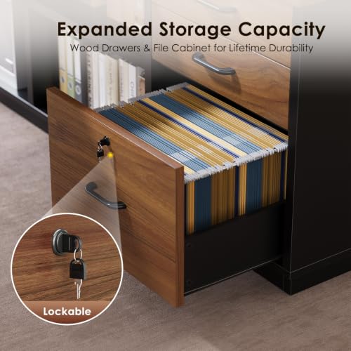 Executive 71 Inch L Shaped Desk with File Cabinet, Walnut+Black