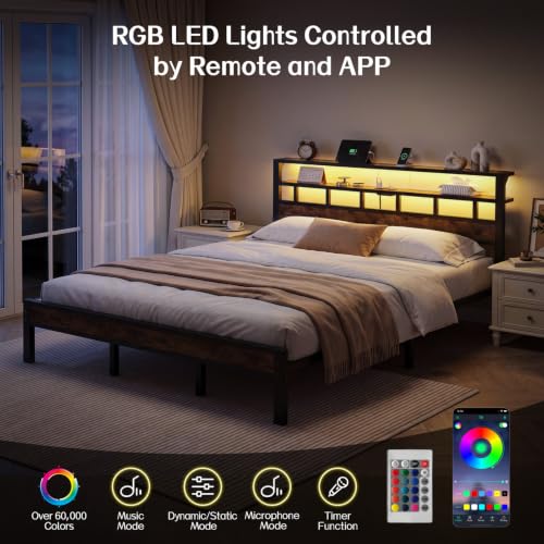 King Bed Frame with Charging Station and LED, Metal Platform Bed
