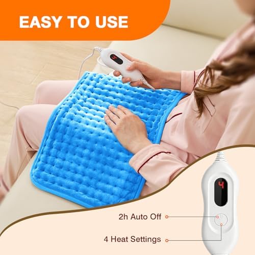 Dry & Moist Heating Pad for Back, Neck, Shoulders, Knees, Period Cramps, Sore Muscles, Soft Electric Heating Pad, Fast Heating,4 Heat Levels, Auto-Off, Machine Washable,Perfect Gifts (Blue,12"x24")