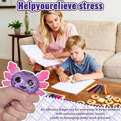 Axolotl Squishy Toy, Cute Slow Rising Fidget Toy for Stress Relief, Soft Squeeze Sensory Toy for Kids and Adults, Handheld Stress Ball for Anxiety and Focus Big Ears Axolotl(Purple)