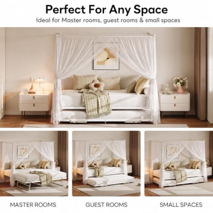 Twin Daybed with Trundle, Canopy Bed with Pop Up Trundle, White