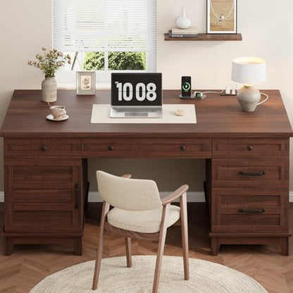 Executive Desk with File Drawers, Farmhouse Home Office Desk with Charging Station, 60 in Wooden Computer Desk with Cabinet Storage for Work Study Writing, Walunt Brown