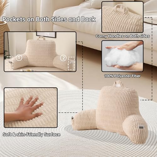 Large Reading Pillow for Sitting Up with Arms,White Corduroy