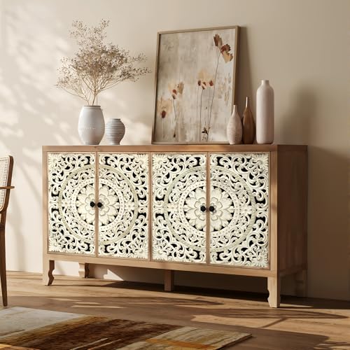 59" Solid Wood Buffet Cabinet, Accent Cabinet with 4 Carved Doors