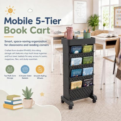 5-Tier Rolling Bookshelf Cart with Wheels, Black
