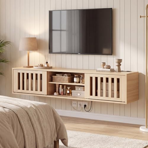 58" Floating TV Stand Wall Mounted with Power Outlet, Natural