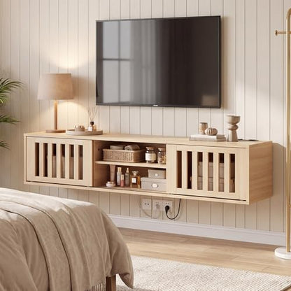 58" Floating TV Stand Wall Mounted with Power Outlet, Natural