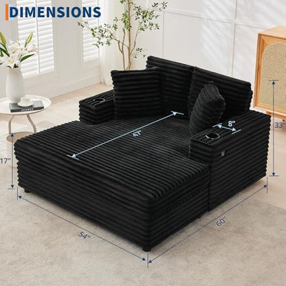 60" Oversized Corduroy Chaise Lounge Chair,Black Indoor Sleeper Sofa