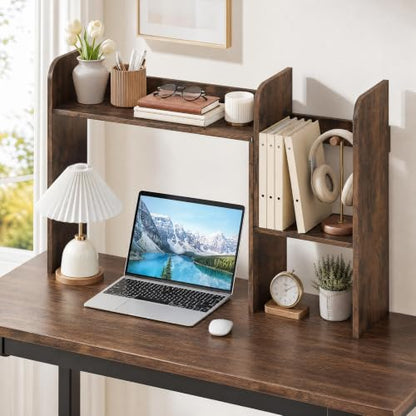 Extendable Desktop Bookshelf, Dorm Desk Hutch (Rustic Brown)