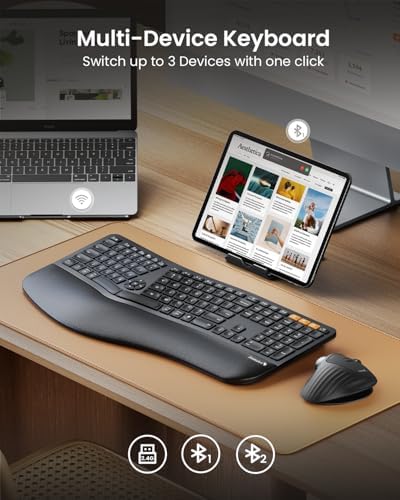 ProtoArc EK01 Plus Backlit Ergonomic Bluetooth Keyboard, Matte Black