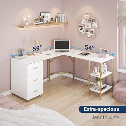 59" Two-Tone L‑Shaped Office Desk with Storage Shelves, Gold